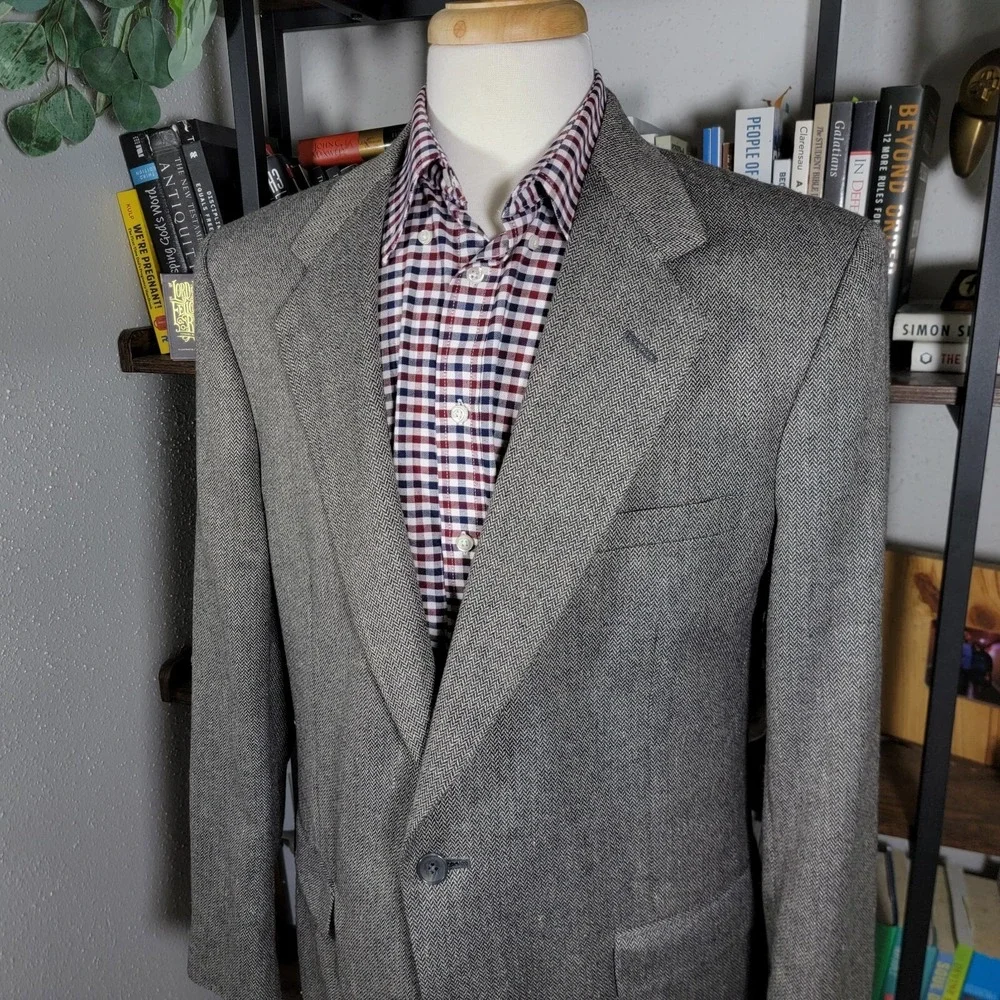 Town Craft Mens Sport Coat Blazer Two Button Gray Herringbone Silk Poly Wool 43L